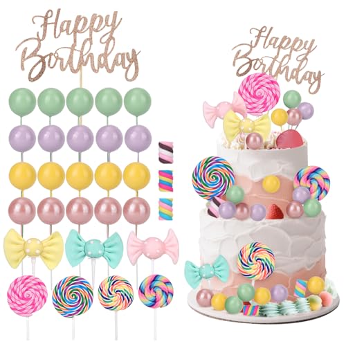 31 Stück Süßigkeiten-Kuchenaufsätze, Happy Birthday-Kuchendekoration Lutscher-Cupcake-Topper Bunte Süßigkeiten-Cupcake-Dekoration für süße Themen-Geburtstagspartys für Mädchen von Tinoaly
