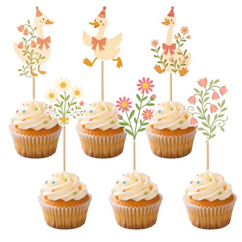 36stk Lustige Gans Cupcake Topper, Witzige Blumen Gans Cupcake Picks Baby Shower Kuchen Dekorationen Partyzubehör für Jungen Mädchen Blumen Tier Thema Geburtstagsgeschenke von Tinoaly