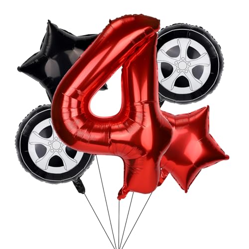 5stk Rennwagen Geburtstagsballons, Geburtstagsdeko Set mit 96cm Rennstrecke Zahlenballon Reifen und Sternfolienballons Rot Schwarzes Rennwagen Motto Partyzubehör für Kinder Jungen (4) von Tinoaly
