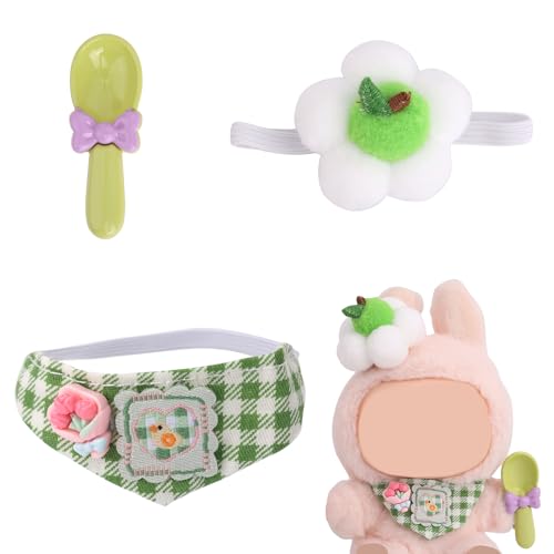 Kawaii Puppenkleidungsset, 3-Teiliges Modisches Outfit mit Plüsch-Hut in Blumenform Lätzchen und Löffel Premium Zubehör in Frischem Grün für 15-17 cm Puppen (Puppe Nicht Enthalten) von Tinoaly