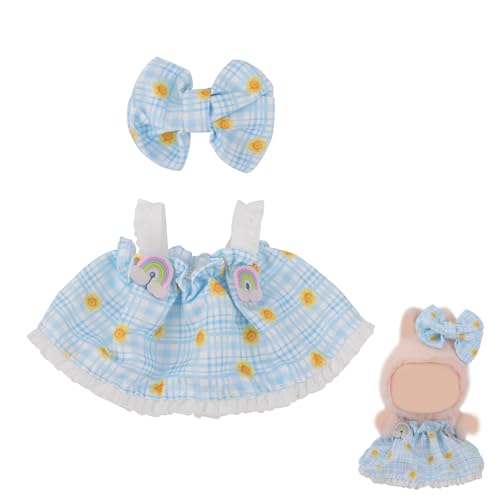 Puppenkleidung Set für 15 cm und 17 cm Puppen, Blau-Weiß Kariertes Träger Kleid im Frischen Stil mit Haarspange mit Schleife Süße Outfits und Accessoires von Tinoaly