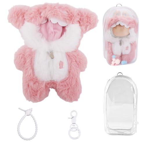 Puppenkleidungsset, Rosa Hai-Plüschpuppenkleidung & wasserdichte Transparente Präsentationstasche mit Pom-Pom-Schlüsselanhänger-Outfit-Set für 17cm Große Puppen (Nur Outfit) von Tinoaly