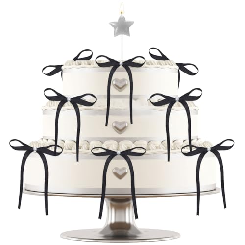 Tinoaly 10 Stk Tortenaufsätze mit Schleife, 17,78x12,7cm Schwarze Polyester Schleifen mit Perlen Elegante Vintage Dekoration für Partys Desserts Geburtstage Verlobungen und Jubiläen von Tinoaly