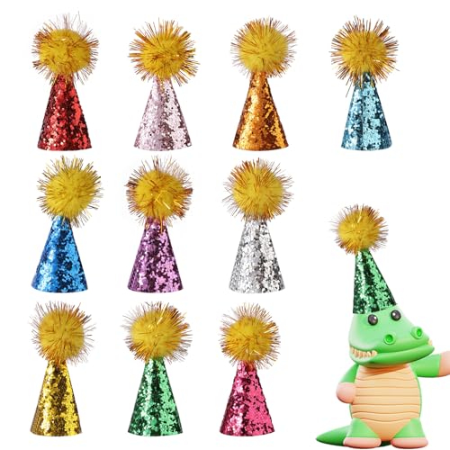 Tinoaly 10 Stück Mini Partyhüte für Stofftiere, Bunt Geburtstagshut für Hunde und Katzen Kleine Kegelhüte mit Glitzer Pompons für Spielzeug-Dinosaurier Basteln Kinder Partydekorationen Kostümzubehör von Tinoaly