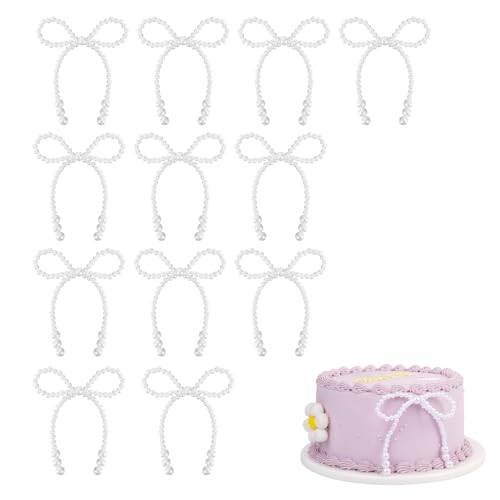 Tinoaly 12 Stück Perlenschleifen Kuchendekorationen, Echleifen Geburtstag Deko für Kuchen Cupcakes Blumensträuße Verpackungen Weiße Schleifen Geburtstagsaufsatz Geeignet für Hochzeit Babyparty Dekor von Tinoaly