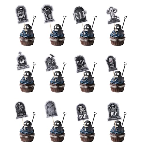 Tinoaly 24 Stück Halloween Grabstein-Cupcake-Topper & 24 Mini-Schaufellöffel, Friedhofs-Kuchendekorationen Horror-Kuchenaufsätze Essensspieße für Halloween-Partyzubehör Geburtstag Kekse Desserts Tinoaly 24 Stück Halloween Grabstein-Cupcake-Topper & 24 Mini-Schaufellöffel, Friedhofs-Kuchendekorationen Horror-Kuchenaufsätze Essensspieße für Halloween-Partyzubehör Geburtstag Kekse Desserts von Tinoaly