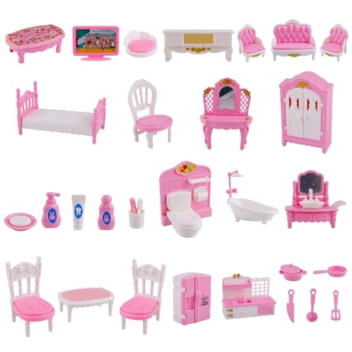 Tinoaly 32stk Miniatur Puppenhaus Möbel Zubehör Set, 1:12 Maßstab Mini Haus Möbel Geschenk Winziges Schlafzimmer Wohnzimmer Badezimmer Küche Mini Szene Rollenspiel Spielzeug für Kinder, Mädchen (Rosa) Tinoaly 32stk Miniatur Puppenhaus Möbel Zubehör Set, 1:12 Maßstab Mini Haus Möbel Geschenk Winziges Schlafzimmer Wohnzimmer Badezimmer Küche Mini Szene Rollenspiel Spielzeug für Kinder, Mädchen (Rosa) von Tinoaly