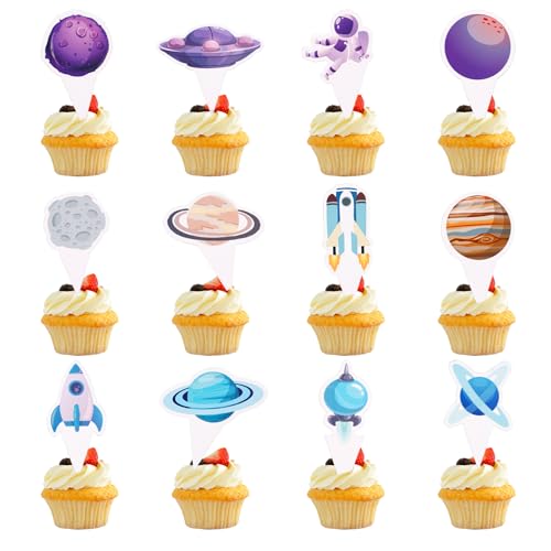 Tinoaly 36 Stk Weltraum Astronauten Cupcake Topper, Planeten Cupcake Topper Weltraum Kuchendekorationen für Geburtstag Sonnensystem Planeten Thema Dekoration von Tinoaly