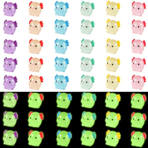 Tinoaly 48stk Mini-Axolotl-Miniaturfiguren aus Kunstharz, Leuchtende Tierfiguren Kleine Leuchtende Anhänger für Bastelarbeiten Garten Landschaftsbau Puppenhaus Töpfe Partydekoration (6 Farben) von Tinoaly
