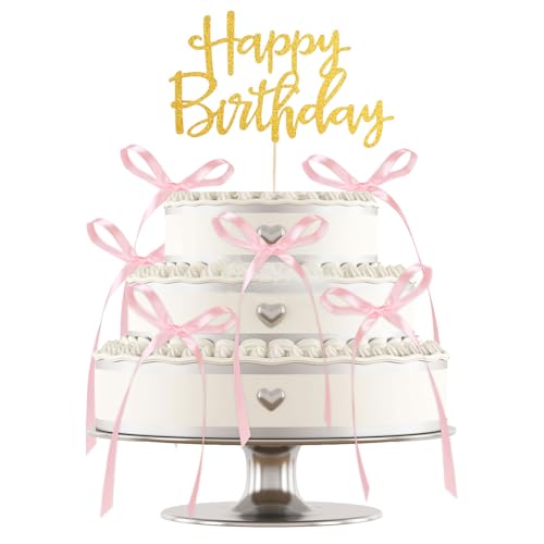 Tinoaly 6stk Schleifen-Kuchenaufsätze mit 1stk Happy Birthday-Kucheneinsatz, Schleifenband Kokette Geburtstagsdekoration für Cupcakes Perfekte Hochzeits-Mottopartys Schleifenknoten-Dekor(Gold, Pink) von Tinoaly