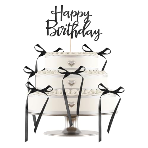 Tinoaly 6stk Schleifen-Kuchenaufsätze mit 1stk Happy Birthday-Kucheneinsatz, Schleifenband Kokette Geburtstagsdekoration für Cupcakes Perfekte Hochzeits-Mottopartys Schleifenknoten-Dekor(Schwarz) von Tinoaly