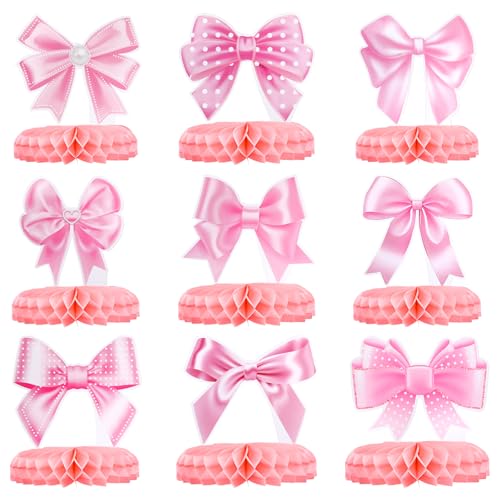 Tinoaly 9St Rosa Schleife Wabenförmige Tafelaufsätze, Tischdekoration mit Schleife Rosa Papierausschnitte mit Schleife Kokette Geburtstagsdekoration für Mädchen Frauen Hochzeit Brautparty Verlobung von Tinoaly