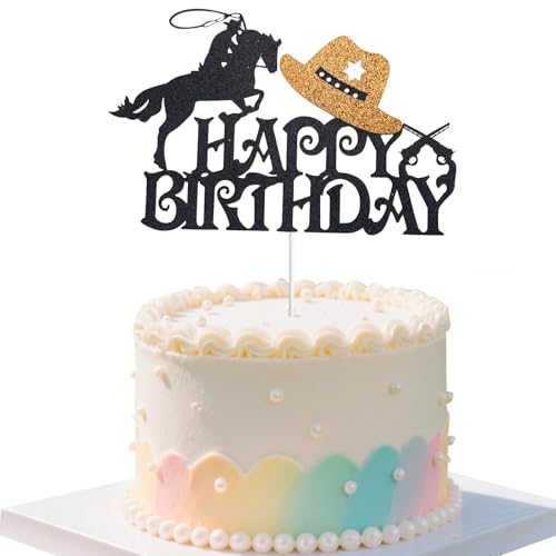 Tinoaly Cowboy Happy Birthday Kuchenaufsatz, Glitzernde Western-Kuchendekoration Hut Schild Perfekt für Jungen und Mädchen Geburtstagsparty Zubehör von Tinoaly