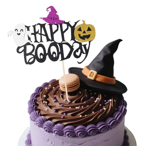 Tinoaly Happy Boo Tortenaufsatz, Schwarzer Glitzer Tortenaufleger Halloween Gruselige Geister Party Dekoration für Babyparty Kindergeburtstag Mottoparty Zubehör von Tinoaly