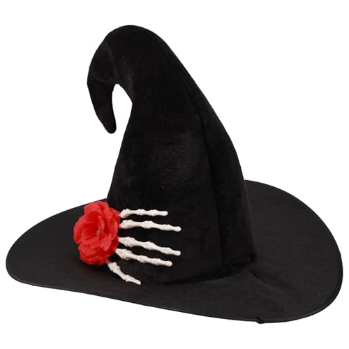 Tinoaly Hexenhut für Erwachsene, Halloween Zaubererhut mit Rosen und Totenkopfhände Muster Cosplay Kostümzubehör für die Feiertags Halloween Party (Schwarz) von Tinoaly