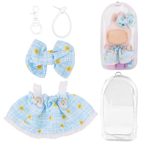 Tinoaly Puppenkleidungsset und Transparente Figuren Ausstellungstasche, Blau-Weiß Kariertes Kleid mit Schleifenclip und Schlüsselanhänger-Schutztasche mit Plüschbällen für 15 cm/17 cm Puppenzubehör Tinoaly Puppenkleidungsset und Transparente Figuren Ausstellungstasche, Blau-Weiß Kariertes Kleid mit Schleifenclip und Schlüsselanhänger-Schutztasche mit Plüschbällen für 15 cm/17 cm Puppenzubehör von Tinoaly