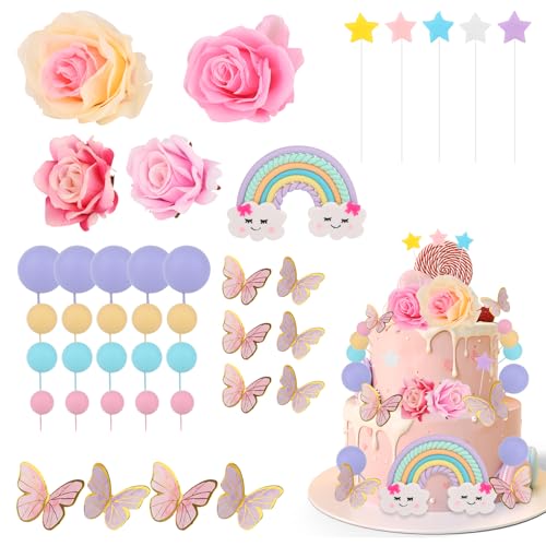 Tinoaly Regenbogen-Rosen-Tortendekoration, Bunte Regenbogen-Schmetterlingsbälle Tortenaufsatz für Geburtstagsfeiern Hochzeiten und Babypartys von Tinoaly