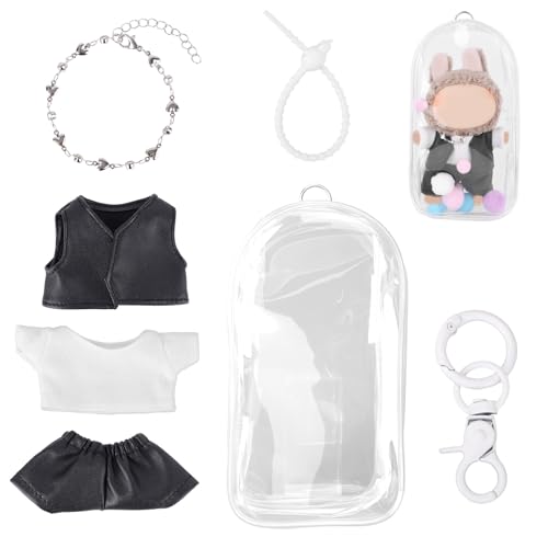 Tinoaly Transparente Figuren Ausstellungstasche mit Outfit Set (T-Shirt, Hose, Weste, Halskette), 17cm Puppenzubehör mit Schlüsselanhänger und Plüschball zur Aufbewahrung Dekorationen (Ohne Puppe) von Tinoaly
