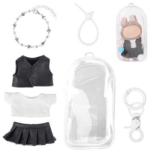 Tinoaly Transparente Figuren Display Tasche mit 17cm Puppenkleidung Set (T-Shirt, Rock, Weste, Halskette), Zubehör mit Schlüsselanhänger und Plüschball zur Dekoration und Ausstellung (Ohne Puppe) von Tinoaly
