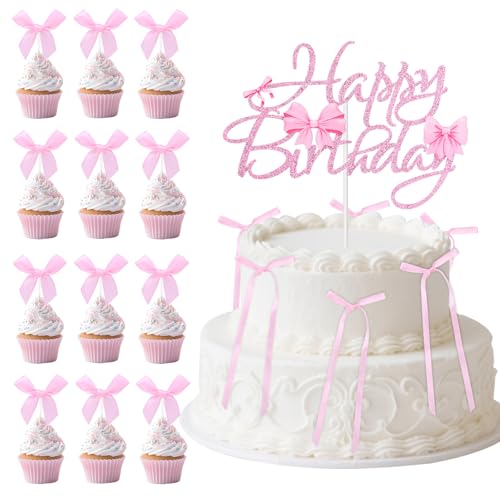 Tortenaufsatz-Set mit Rosa Schleife, Inklusive Happy Birthday Schild Großen Kleinen Schleifen Kuchendekorationen Papierstäbchen für Geburtstags Babyparty Brautparty und Abschlussparty-Zubehör Tortenaufsatz-Set mit Rosa Schleife, Inklusive Happy Birthday Schild Großen Kleinen Schleifen Kuchendekorationen Papierstäbchen für Geburtstags Babyparty Brautparty und Abschlussparty-Zubehör von Tinoaly