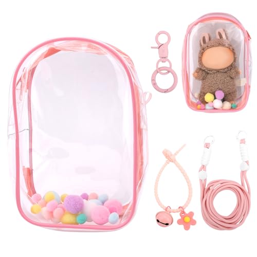 Transparente Figuren Vitrine, Puppenschutzhülle für Plüschpuppen Puppentasche Halter Tragbarer PVC Umhängebeutel Puppenhülle mit Schlüsselanhänger für 15cm/17cm Puppenzubehör (Rosa) von Tinoaly