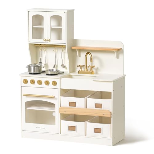 Kinderküche aus Holz mit Zubehör, Spielküche mit Spüle, Herd, Kühlschrank und Regalen von Tiny Land