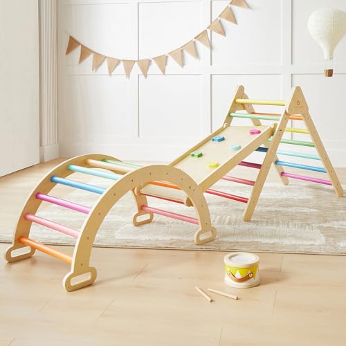 Tiny Land 3 in 1 Kletterdreieck - Regenbogenfarben, Dreieck Klettergerüst, Faltbares Montessori-Kletterspielzeug für Kleinkinder, Hölzernes Indoor-Kletterset für 2-6 Jahre Tiny Land 3 in 1 Kletterdreieck - Regenbogenfarben, Dreieck Klettergerüst, Faltbares Montessori-Kletterspielzeug für Kleinkinder, Hölzernes Indoor-Kletterset für 2-6 Jahre von Tiny Land