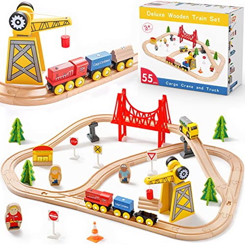 Tiny Land 55Pcs Holzeisenbahn Set, Eisenbahn Holz für Kinder mit Kran, Kombinierbar Zug Spielzeug, Holzeisenbahn Zubehör Passend für Alle Großen Marken, Holzzug Spielzeug für Kinder ab 2~5 von Tiny Land