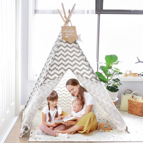 Tiny Land Tipi Spielzelt für Kinder Kinderzimmer mit Gepolsterter Decke & Lichterkette- Drinnen Baumwolle Segeltuch Kinderzelt Indianerzelt (Grauer Chevron 165cm Hoch)… von Tiny Land