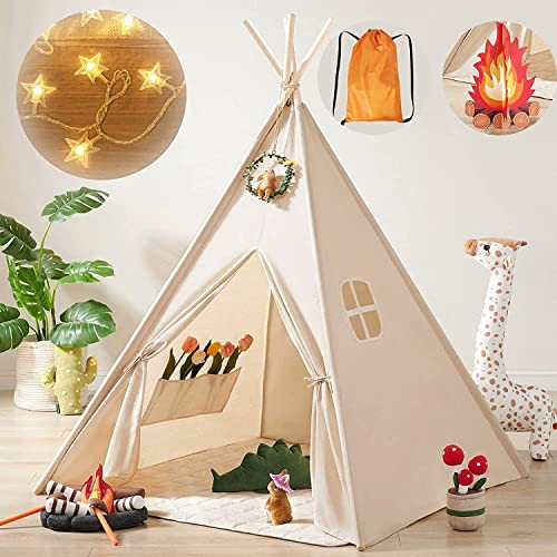 Tiny Land Tipi Zelt für Kinder mit Lichtern & Lagerfeuer Spielzeug & Tragetasche, Waschbar Kinderzelt für Drinnen, Tipi Zelt Kinderzimmer, Spielzelt für Mädchen & Jungen,Spielzeug für 3~5 Jahre von Tiny Land