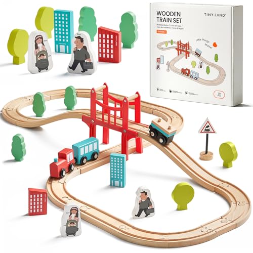 Tiny Land 39 Pcs Holzeisenbahn und Züge Pack Eisenbahn Anfängerset Kompatibel mit Thomas Passend für Eichhorn Zugset Kleinkinderspielzeug empfohlen ab 3 Jahren von Tiny Land