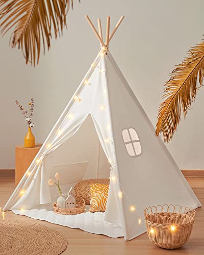 Tiny Land Tipi Zelt für Kinder, Drinnen und Draussen Spielzelt Mit Gepolsterter Decke, Lichterkette & Aufbewahrungstasche - Segeltuch Kinderzelt, Spielhaus von Tiny Land