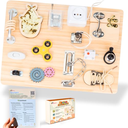 Busy Board Holz mit Auftragskarte und Diplom – Montessori Spielzeug – Sensorisches Aktivitätsschild – Holzspielzeug für Kinder 1 2 3 Jahre – Pädagogische & Motorik von Tiny Thinkers