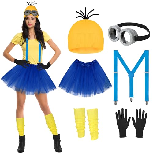 Tinyones Halloween-Kostüm-Zubehör-Set für Damen, Brille/gelbe Beanie/blaues Kleid/blaue Hosenträger/Handschuhe/gelbe Strümpfe Tinyones Halloween-Kostüm-Zubehör-Set für Damen, Brille/gelbe Beanie/blaues Kleid/blaue Hosenträger/Handschuhe/gelbe Strümpfe von Tinyones