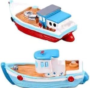 Miniatur-Puppenhaus-Angelboot und Yachtmodell, mediterraner Stil, Kunstharz, Desktop-Figuren für Ozean, Strand, Mikro-Landschaftsdekoration, 2 Stück von Tiosen