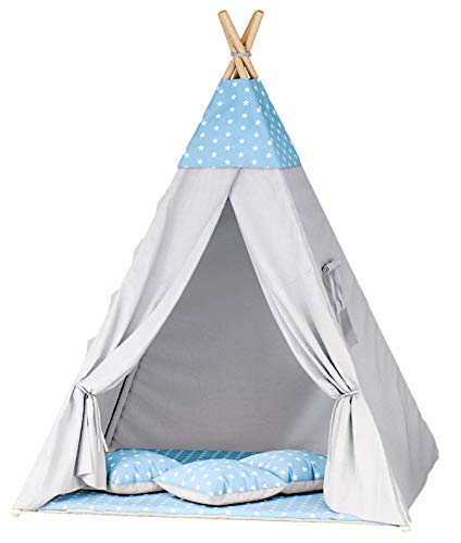 TIPOO Tipi Zelt Spielzelt Baumwolle Kinderzelt mit 3 Kissenmatratzen Stabiles Zelt für Mädchen und Mädchen für Zuhause und Garten (Stars Blue - Gray) von Tipoo