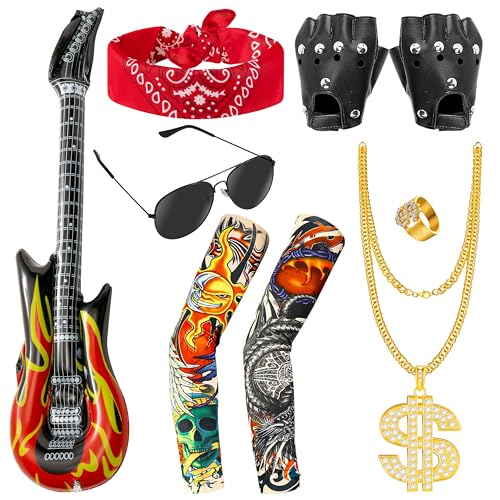 TirEurt Punk Gothic Rocker Kostüm Set, 7 Stück Rockstar Kostüm Kinder, Rocker Outfit mit Luftgitarren zum Aufblasen und Tattoo Armstrumpf, Kinder Herren Mädchen Verkleidung für 80er Disco Party TirEurt Punk Gothic Rocker Kostüm Set, 7 Stück Rockstar Kostüm Kinder, Rocker Outfit mit Luftgitarren zum Aufblasen und Tattoo Armstrumpf, Kinder Herren Mädchen Verkleidung für 80er Disco Party von TirEurt