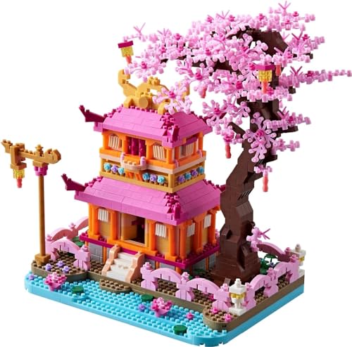 Bausteine Kirschblütenbaum mit Minifiguren Bausatz, 1810 Klemmbausteine Modular Japanische Kirschblütenbaum Modellbausatz, Sakura Baum Konstruktionsspielzeug Nicht Kompatibel mit Lego Baumhaus von Tirff