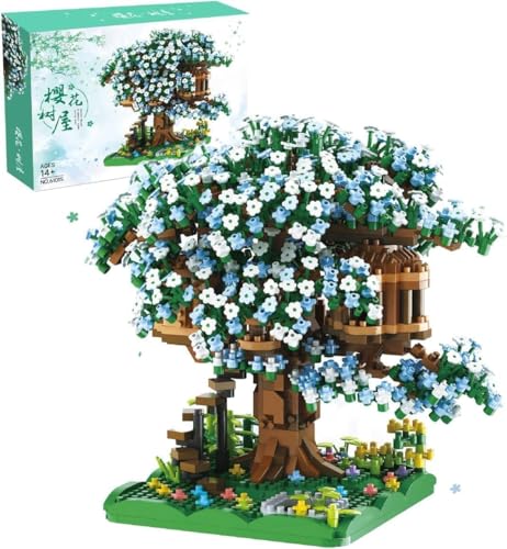 Kirschblüte Baumhaus, Sakura Bonsai Baum Bausatz, 12580 Klemmbausteine Sakura Baumhaus Modellsets für Erwachsene, DIY Kreatives Botanik Kollektion Deko Geschenk Nicht Kompatibel mit Lego (Blau) von Tirff