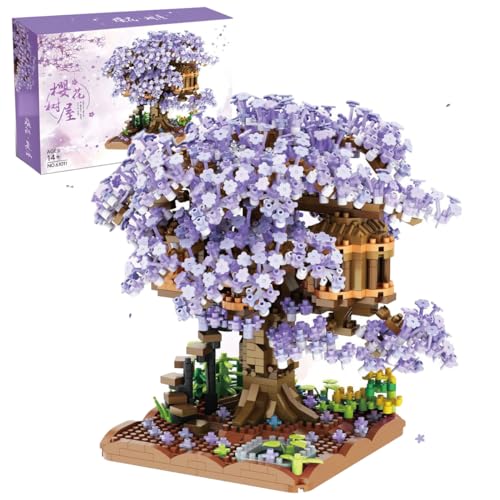 Kirschblüte Baumhaus, Sakura Bonsai Baum Bausatz, 12580 Klemmbausteine Sakura Baumhaus Modellsets für Erwachsene, DIY Kreatives Botanik Kollektion Deko Geschenk Nicht Kompatibel mit Lego (Lila) von Tirff