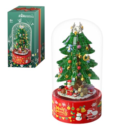 Tirff Rosa Kristall Weihnachtsbaum Spieluhr Bausteine Bausatz, 629 Klemmbausteine Drehbare Weihnachtsbaum Modellbausatz, Konstruktionsspielzeug für Erwachsene und Kinder, Kompatibel mit Großen Marken von Tirff