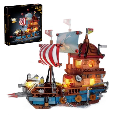 Tirff Piratenschiff Bauspielzeug mit LED-Leuchten, 916 Klemmbausteine STEM Modellboot Mini-Bausatz, Heim- und Bürodeko, Halloween- und Ostergeschenk für Erwachsene und Jugendliche von Tirff