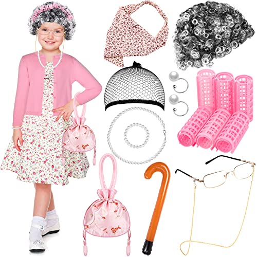 Tisancy Kostüm für Kinder, Halloween, Oma, Cosplay, inkl. Kleid, Strickjacke, Pullover, Tasche, Bandana, Perückenrollen, Clips, Haarnetz, Brille, Halskette, Armband, Ohrringe, aufblasbarer Gehstock Tisancy Kostüm für Kinder, Halloween, Oma, Cosplay, inkl. Kleid, Strickjacke, Pullover, Tasche, Bandana, Perückenrollen, Clips, Haarnetz, Brille, Halskette, Armband, Ohrringe, aufblasbarer Gehstock von Tisancy