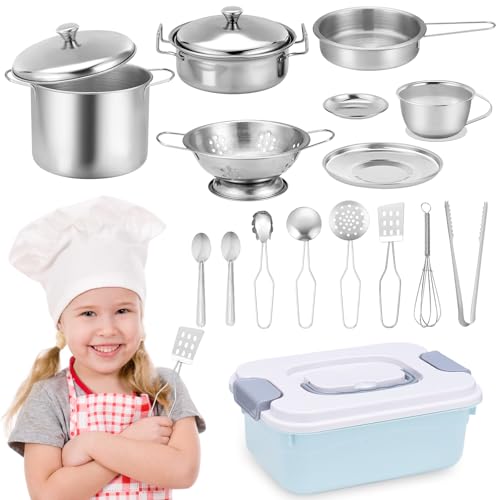 Tismels 18 Stück Kinderküche Zubehör, Küchenspielzeug für Kinder, Kinderküche Zubehör Matschküch Outdoor Spielküche Küchenzubehör Kinder Edelstahl Küchenspielzeug, für Jungen und Mädchen von Tismels