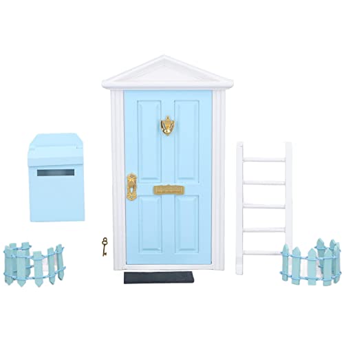 Wichteltür Weihnachten Set, Zauberhafte Zahnfee Tür, Puppenhaus Zubehör Mini Holz Tür Set mit Briefkasten, Zaun, Leiter, Fußpads, Dekorieren 1:12 Puppenhaus (Blau) von Tissting
