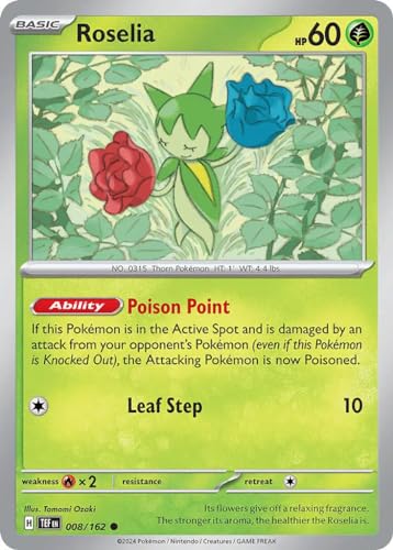 Roselia 008/162 Common Reverse Holo Pokemon Karte (SV Temporal Forces) + 1x TitanCards® Toploader von Titan Cards