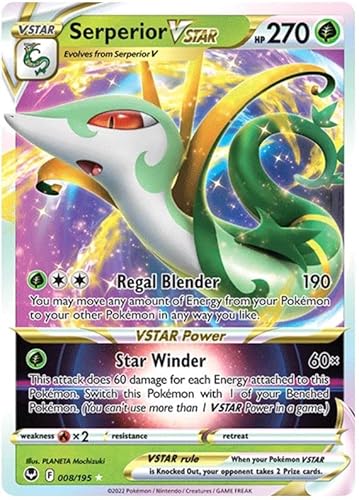 Serperior VSTAR 008/195 Seltene VSTAR Pokemon Karte (SWSH Silver Tempest) + 1x TitanCards® Toploader von Titan Cards