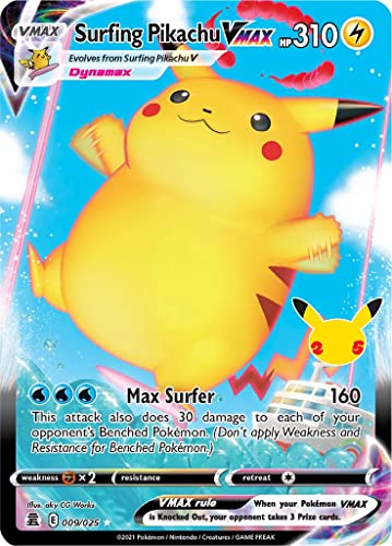 Surfen Pikachu VMAX 009/025 Ultra seltene Pokemon-Karte (Celebrations 25th Anniversary) + TitanCards® Toploader von Titan Cards