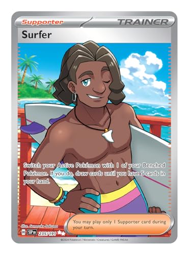Surfer 235/191 Ultra-seltene Vollkunst-Trainer-Karte, glänzende Pokémon-Karten, seltene Pokemon-Karten, Surging Sparks, Pokemon-Scharlachrot und Violett, Titan Cards authentifiziert Surfer 235/191 Ultra-seltene Vollkunst-Trainer-Karte, glänzende Pokémon-Karten, seltene Pokemon-Karten, Surging Sparks, Pokemon-Scharlachrot und Violett, Titan Cards authentifiziert von Titan Cards