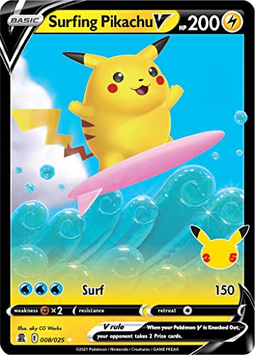 Surfing Pikachu V 008/025 Ultra Rare Pokemon-Karte (Celebrations 25th Anniversary) + TitanCards® Toploader von Titan Cards